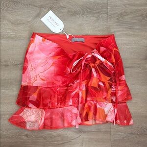 Outcast Red/Orange Mesh Floral Printed Mini Ruffle Skirt